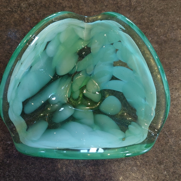 VTG MCM Hand Blown Glass Dish Vase Green White Bubbles 3 Sided Jewelry Dish Heav - Picture 4 of 7